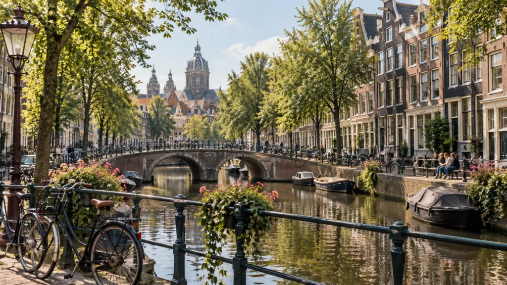 Historische Amsterdamer Gracht mit Brücke, Fahrrädern und Grachtenhäusern