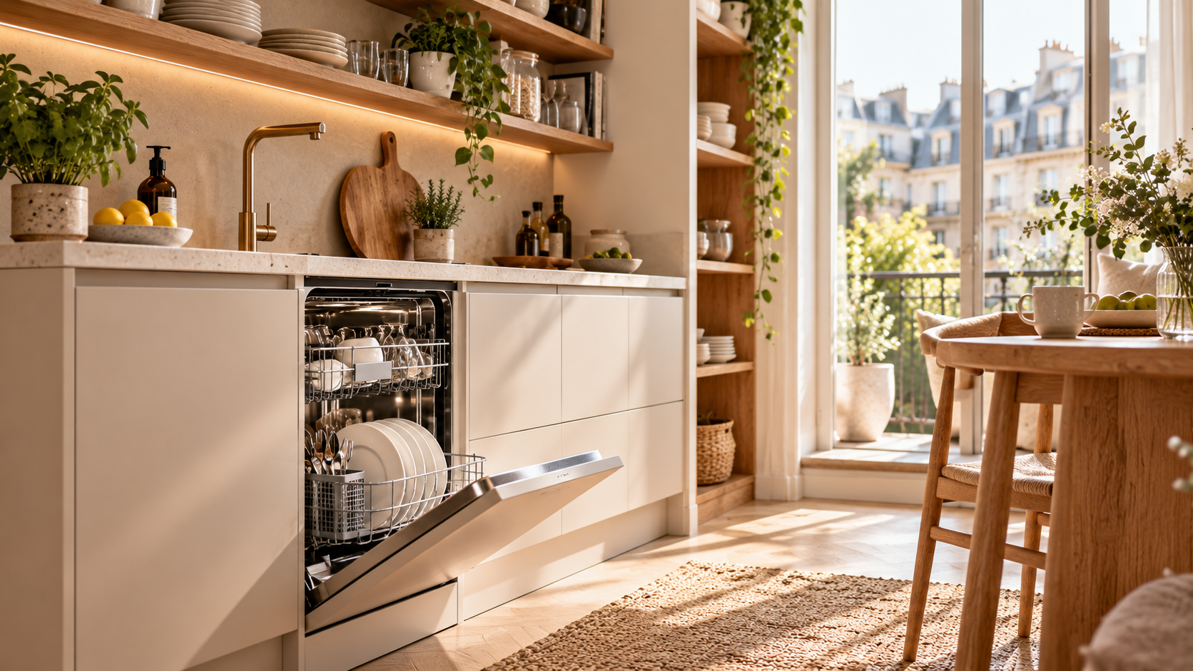 Vollintegrierter Geschirrspüler in einer eleganten Küche mit Holz und Naturtönen