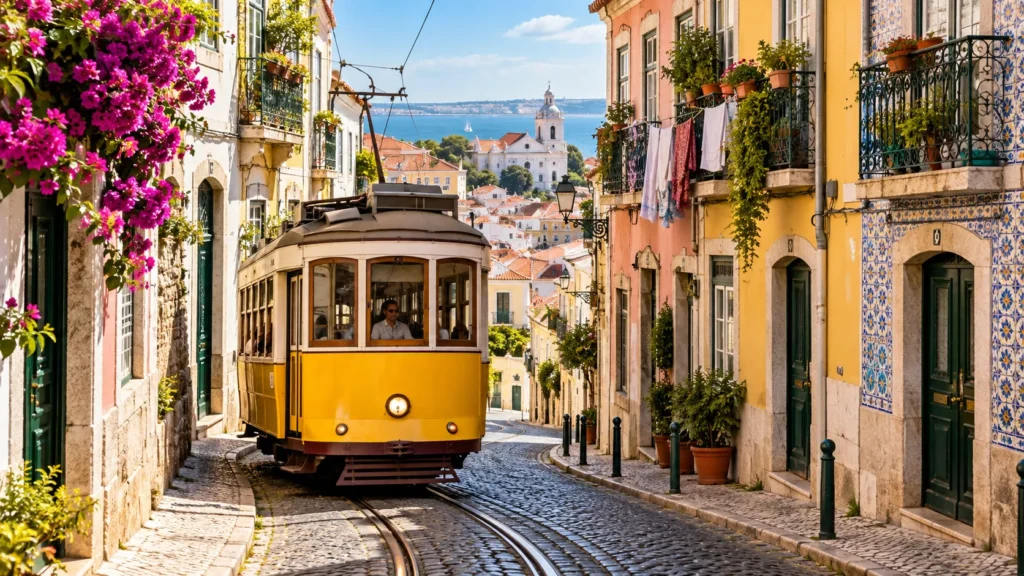 Historische gelbe Straßenbahn in einer engen Alfama-Gasse mit Azulejos, Balkonen und Blick Richtung Tejo