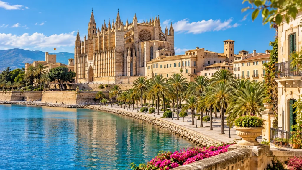 Kathedrale von Palma de Mallorca an der Uferpromenade mit Palmen und blauem Wasser