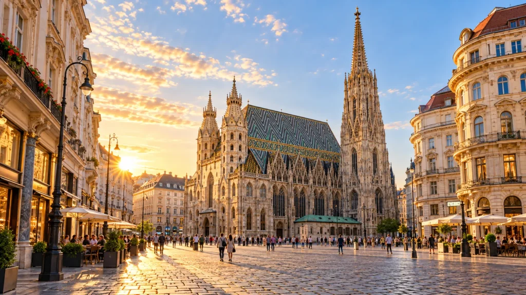 Stephansdom am Stephansplatz in Wien mit historischer Innenstadt und Abendstimmung