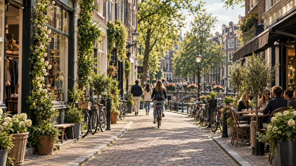 Straßenszene in Jordaan und den 9 Straatjes mit Cafés, Fahrrädern und kleinen Geschäften