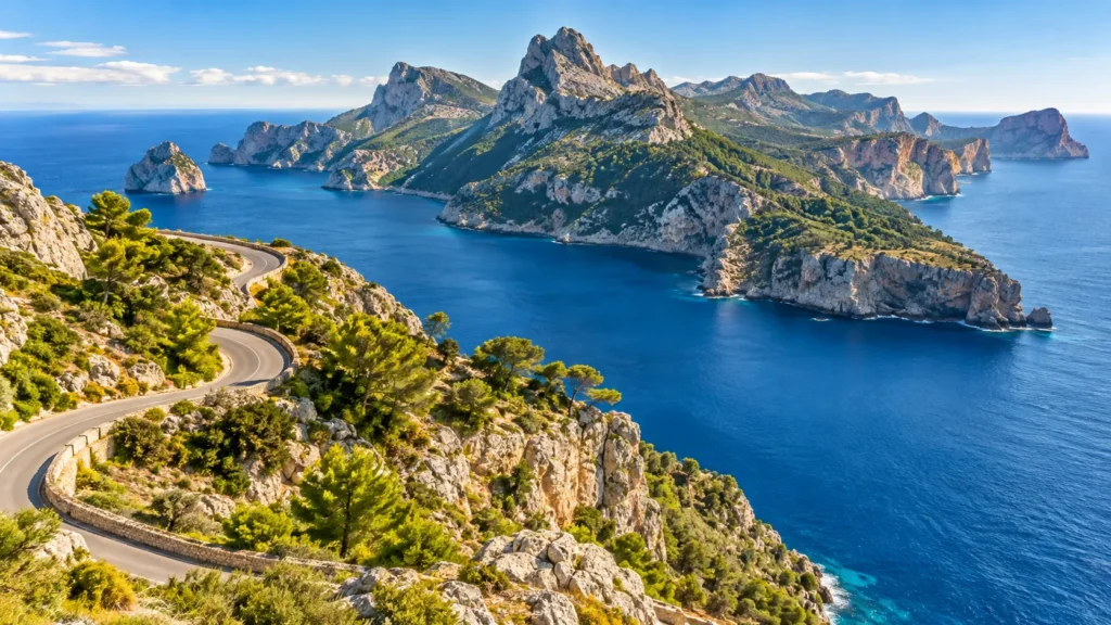 Dramatische Küstenlandschaft bei Formentor mit Serpentinenstraße, Felsen und tiefblauem Meer
