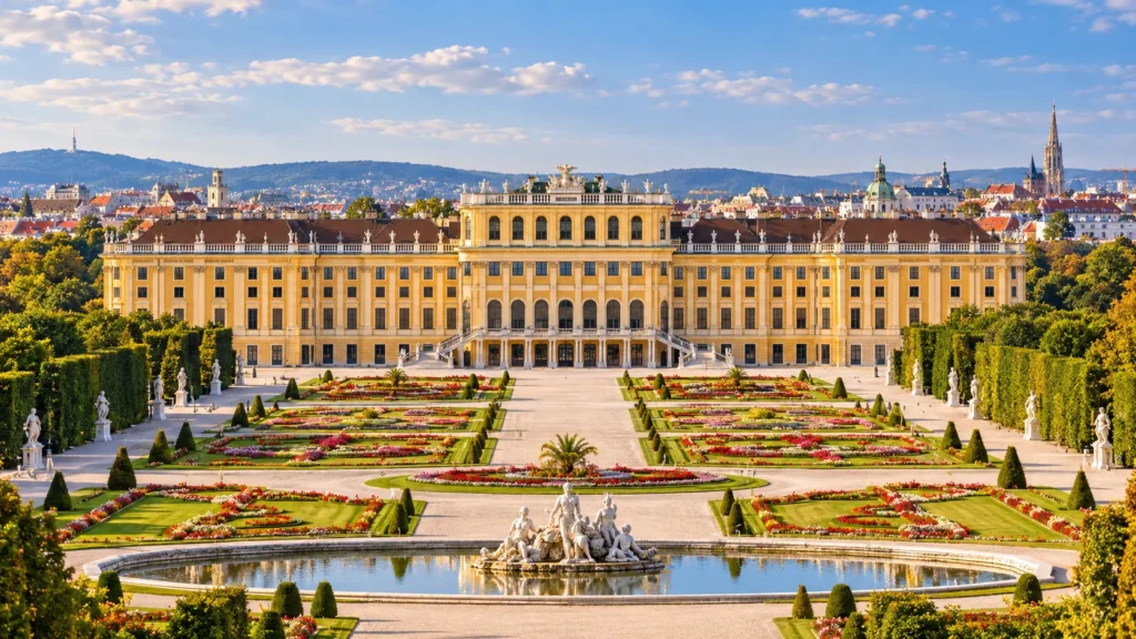 Schloss Schönbrunn mit barockem Garten und Blick auf die Wiener Innenstadt