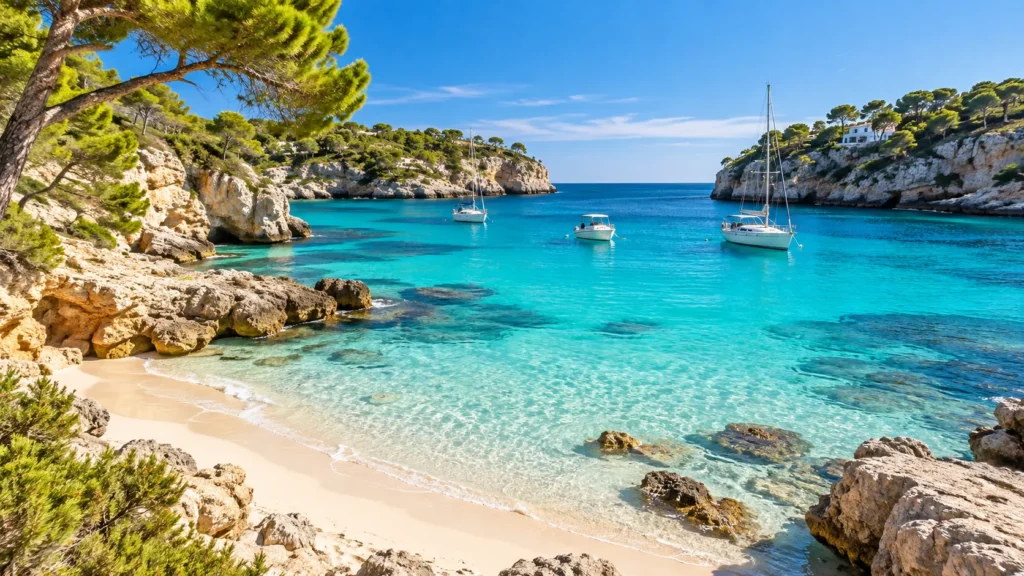 Geschützte Bucht bei Cala d’Or mit hellem Sand, Felsen, Pinien und Segelbooten