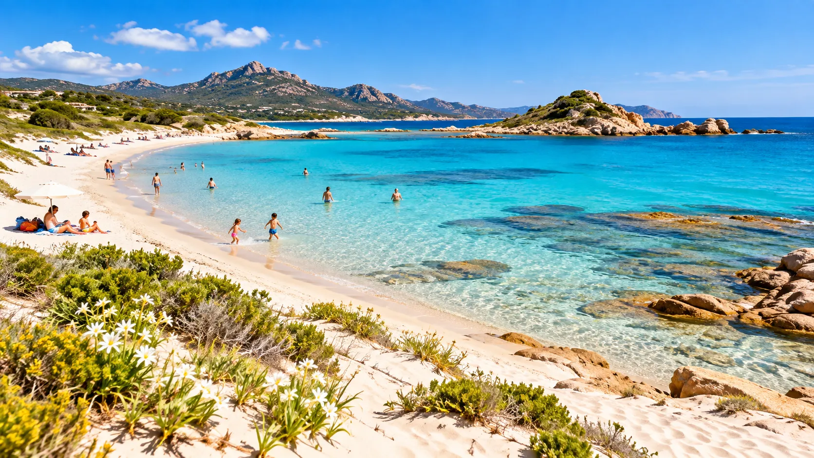 Heller Sandstrand mit flachem türkisfarbenem Wasser an Sardiniens Südküste