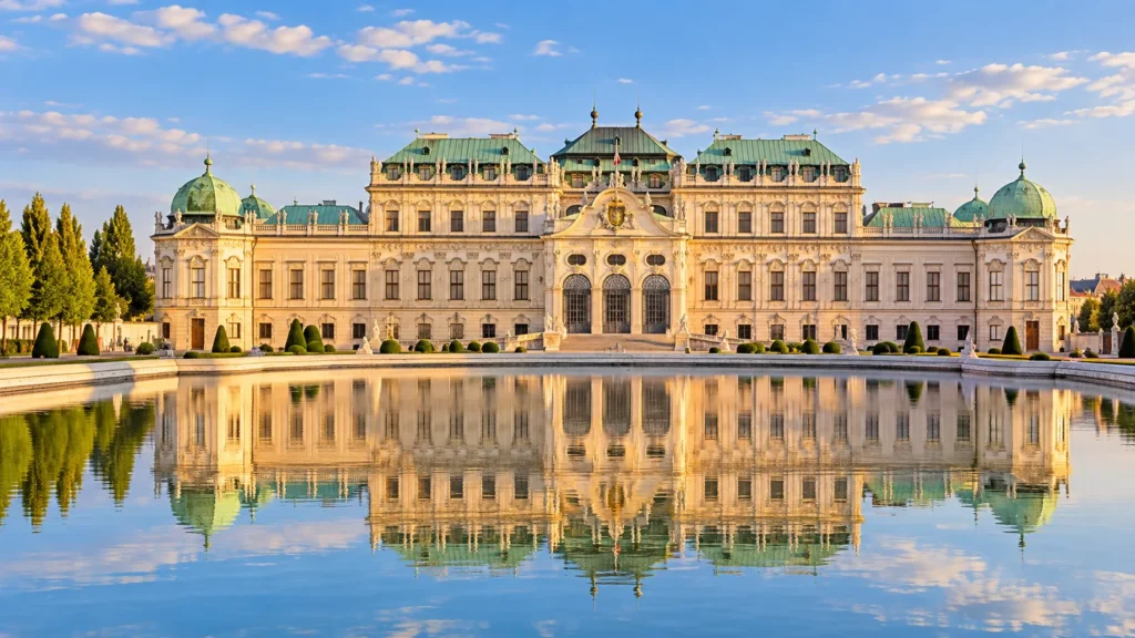 Oberes Belvedere in Wien mit Spiegelbecken, barocker Gartenanlage und Abendlicht