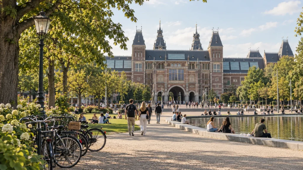Rijksmuseum am Museumplein in Amsterdam mit Besuchern und Fahrrädern