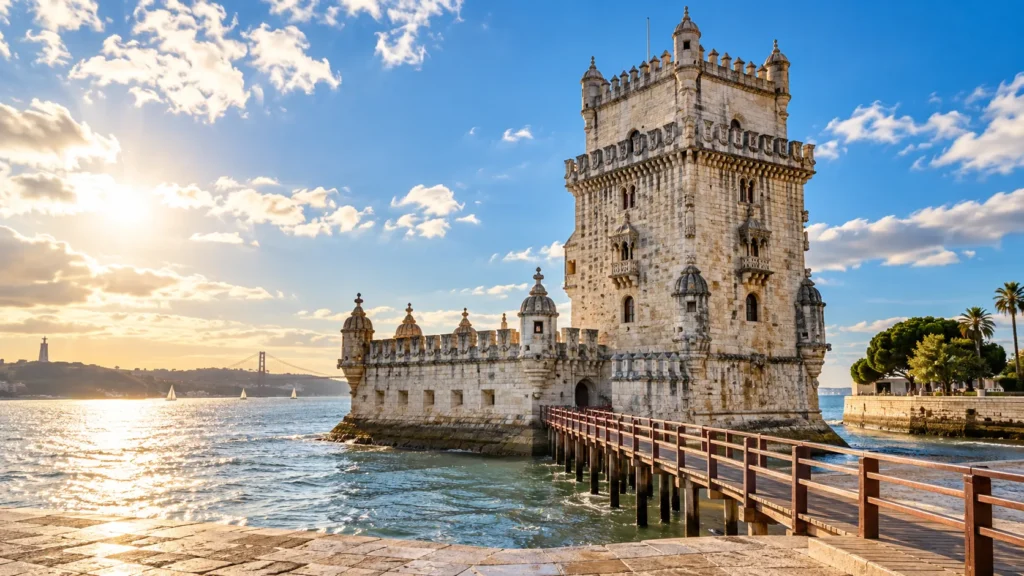 Torre de Belém am Tejo in Lissabon mit Uferpromenade und goldenem Abendlicht