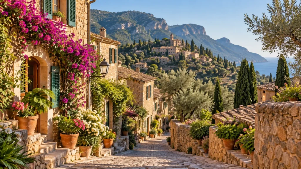 Steingasse in einem Dorf der Serra de Tramuntana mit Bougainvillea, Olivenbäumen und Bergblick
