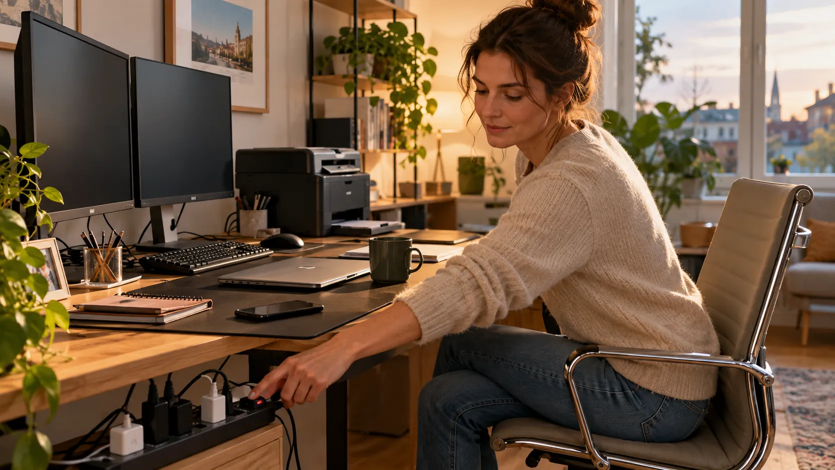 Frau schaltet nach der Arbeit Monitore, Drucker und Ladegeräte über eine Steckdosenleiste im Homeoffice aus