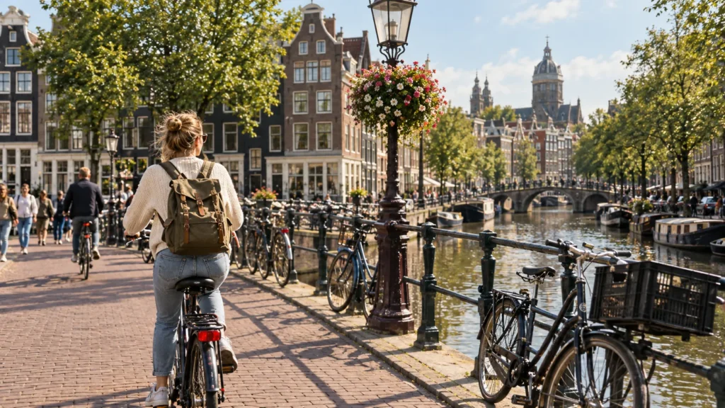 Radfahrerin auf einer Brücke an einer Amsterdamer Gracht