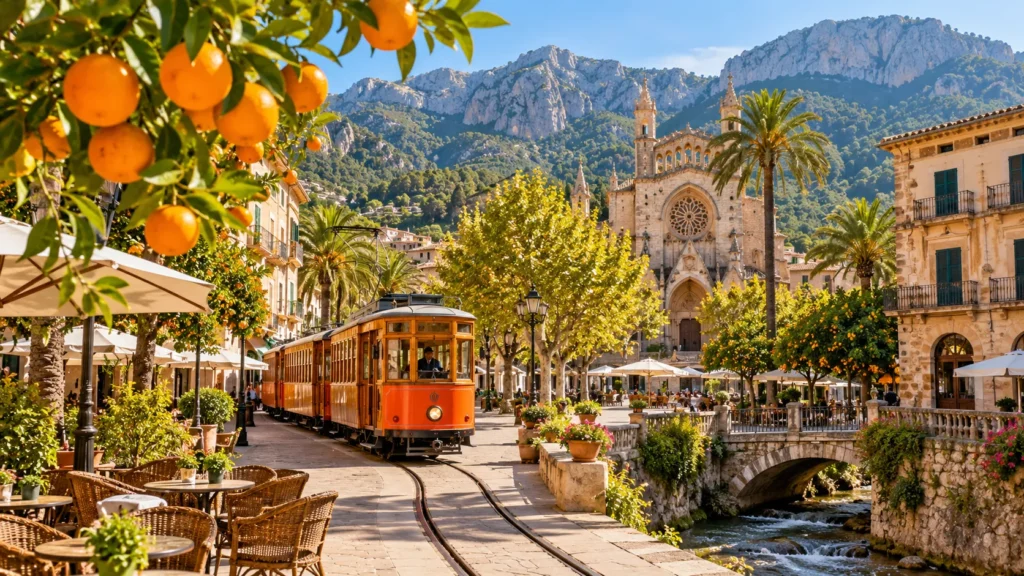 Historische Straßenbahn in Sóller zwischen Orangenbäumen, Cafés und der Kulisse der Serra de Tramuntana