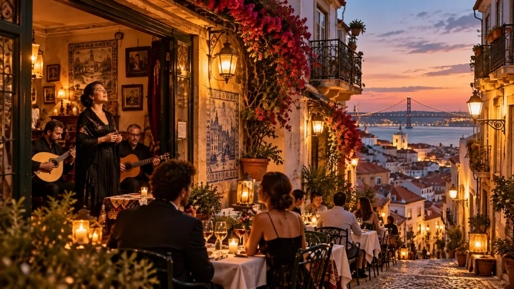 Stimmungsvoller Fado-Abend in einem Restaurant in Lissabon mit Sängerin, Gitarristen und Blick über die Stadt