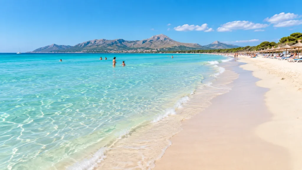 Langer heller Sandstrand Playa de Muro mit flachem türkisfarbenem Wasser und Bergkulisse