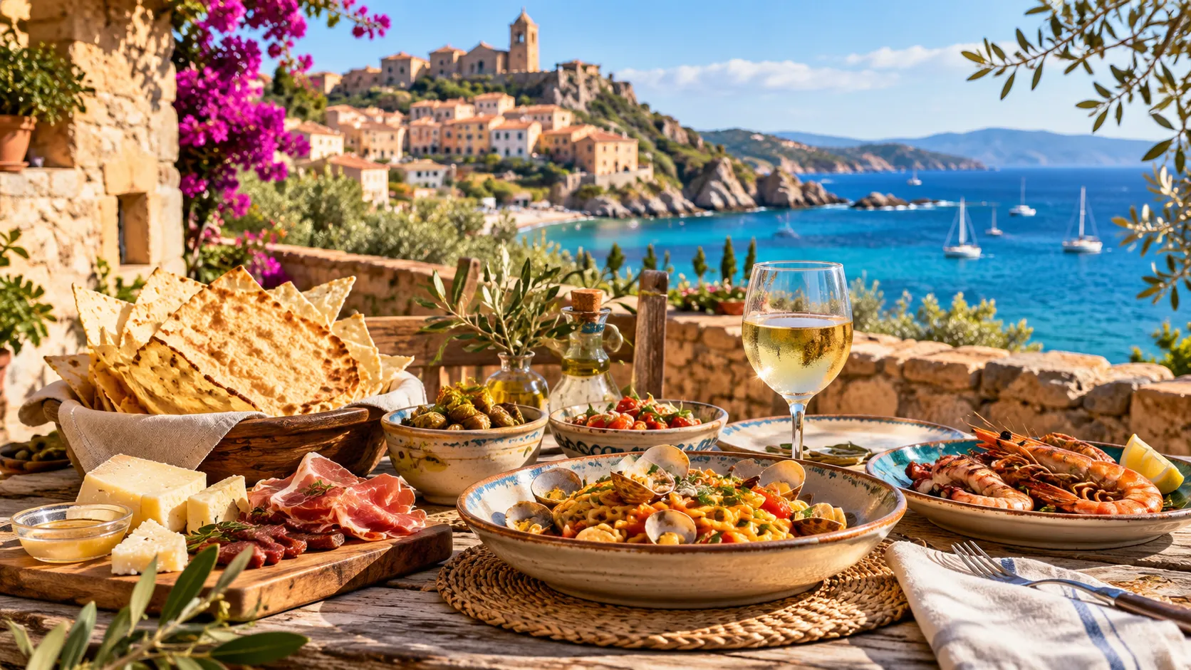 Sardische Spezialitäten mit Wein, Käse, Pasta und Meeresfrüchten auf einer Terrasse mit Meerblick