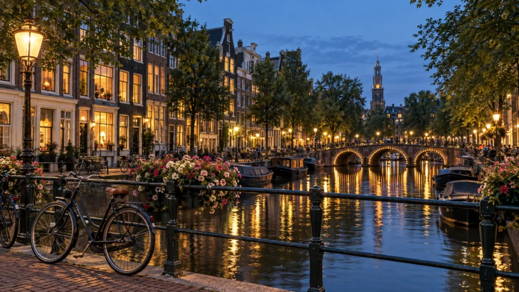 Beleuchtete Amsterdamer Gracht bei Dämmerung mit Brücke und Fahrrädern