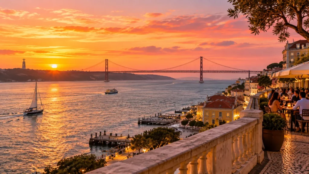 Sonnenuntergang über dem Tejo mit Ponte 25 de Abril, Segelbooten und beleuchteter Uferterrasse in Lissabon