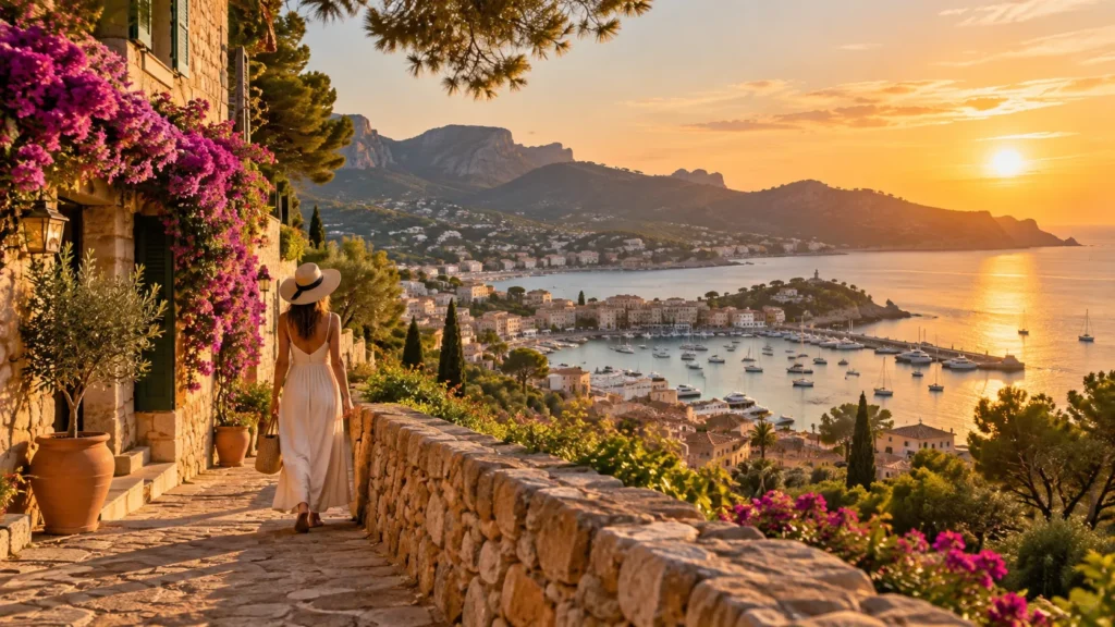 Goldener Sonnenuntergang über Port de Sóller mit Hafen, Booten, Bergen und mediterraner Architektur