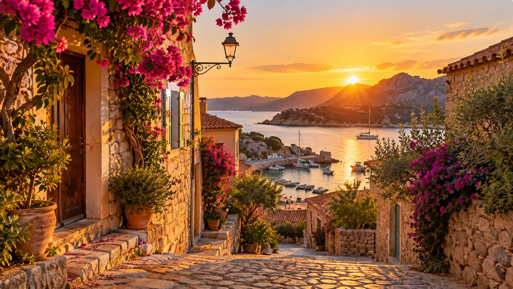 Steingasse in einem sardischen Küstenort mit Bougainvillea und Blick auf das Meer bei Sonnenuntergang