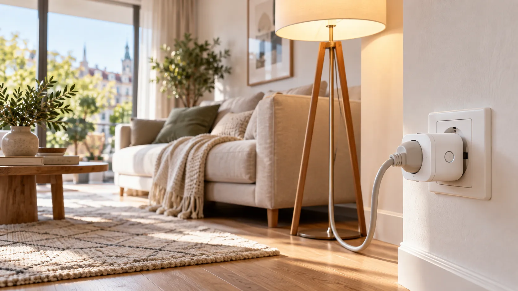 Smarte Steckdose steuert eine elegante Stehlampe in einem hellen modernen Wohnzimmer