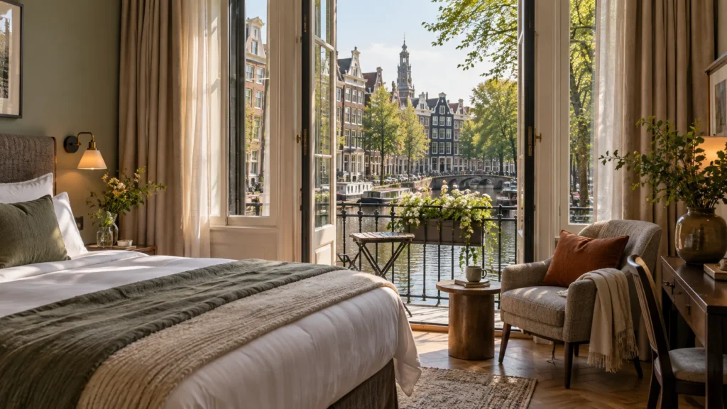 Boutique-Hotelzimmer in Amsterdam mit Blick auf eine Gracht