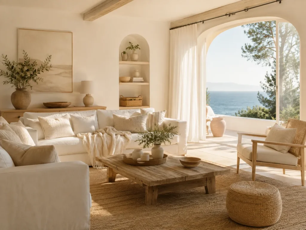 Helles mediterranes Wohnzimmer mit Meerblick für den Themenbereich Zuhause & Alltag