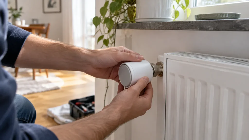 Person montiert ein smartes Heizkörperthermostat an einem Heizkörperventil