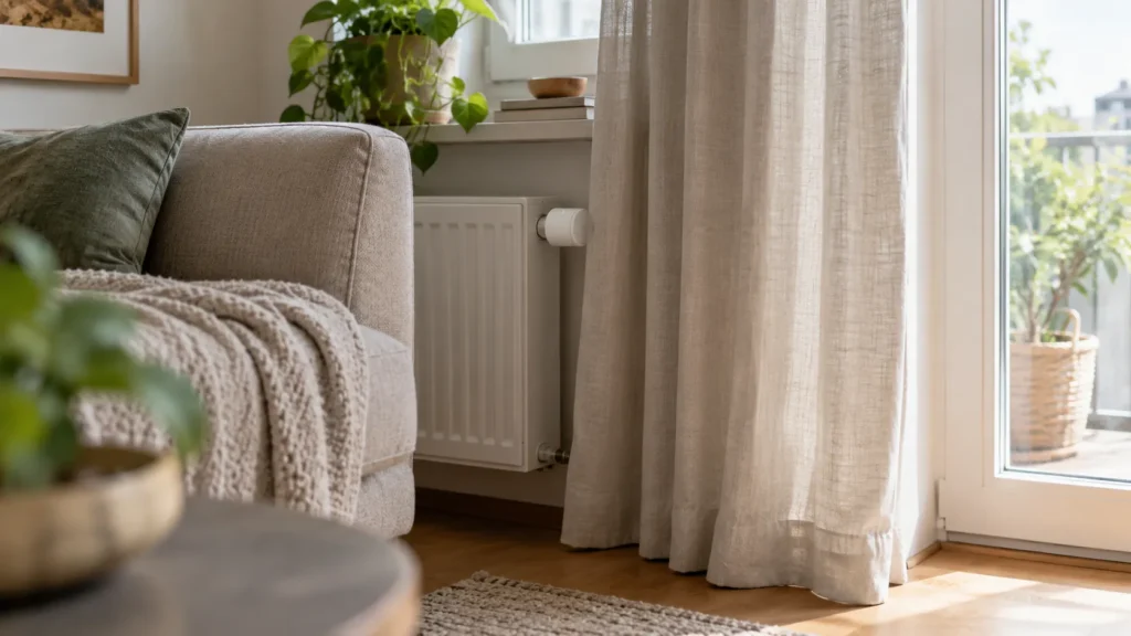 Heizkörper mit smartem Thermostat teilweise hinter einem langen Vorhang neben einem Sofa