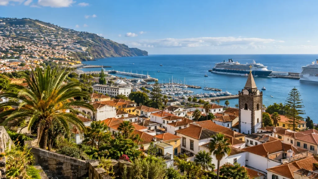 Blick über Funchal mit Altstadt, Hafen, Palmen und Atlantik