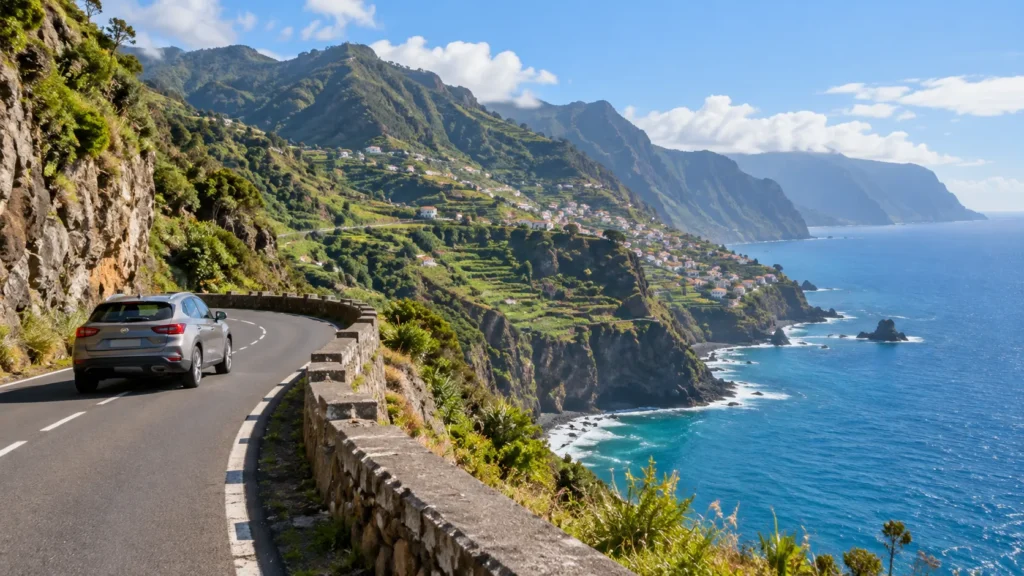 Mietwagen auf einer kurvigen Küstenstraße auf Madeira mit Blick auf Atlantik und Berge