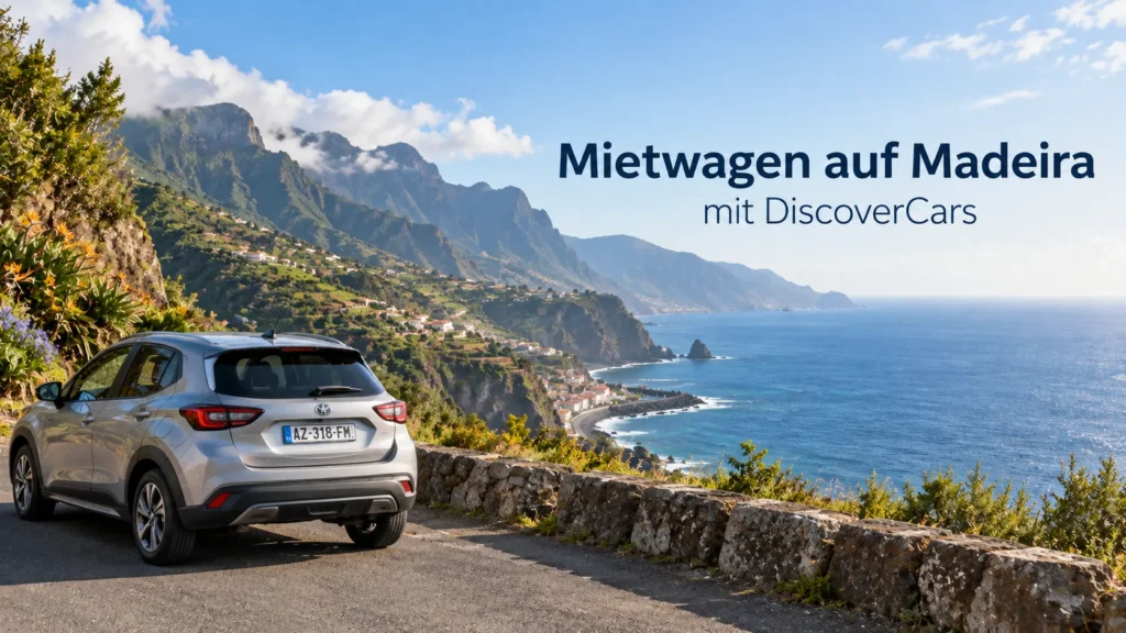 Mietwagen an einem Aussichtspunkt auf Madeira mit Atlantik und Bergküste sowie Hinweis auf DiscoverCars