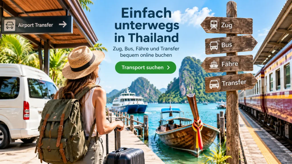 Reisende mit verschiedenen Transportmöglichkeiten für eine Thailand-Reise