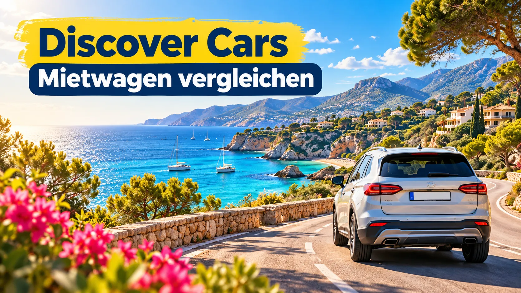 Mietwagen auf einer sonnigen Küstenstraße auf Mallorca mit Meer und Bergen
