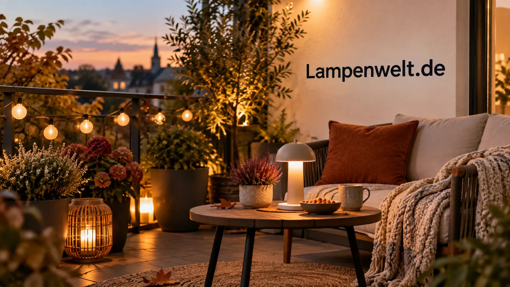 Lampenwelt.de: gemütlicher Balkon mit Tischleuchte und warmer Beleuchtung am Abend.