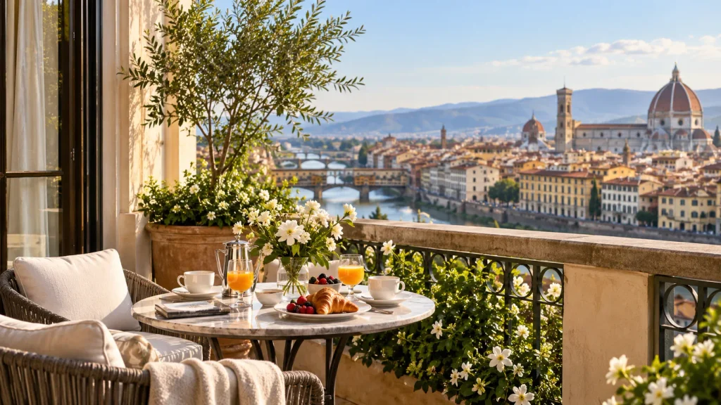 Frühstück auf einer Hotelterrasse mit Blick über die Dächer einer europäischen Stadt