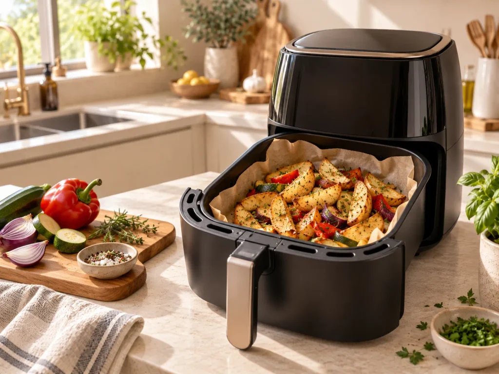 Airfryer-Korb mit Backpapier, das durch Kartoffelspalten und Gemüse sicher beschwert wird