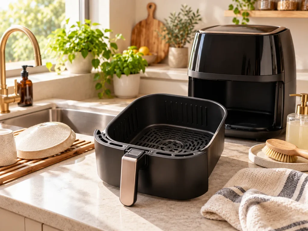 Sauberer Airfryer-Korb mit weichem Schwamm und Reinigungstuch auf einer hellen Küchenarbeitsfläche