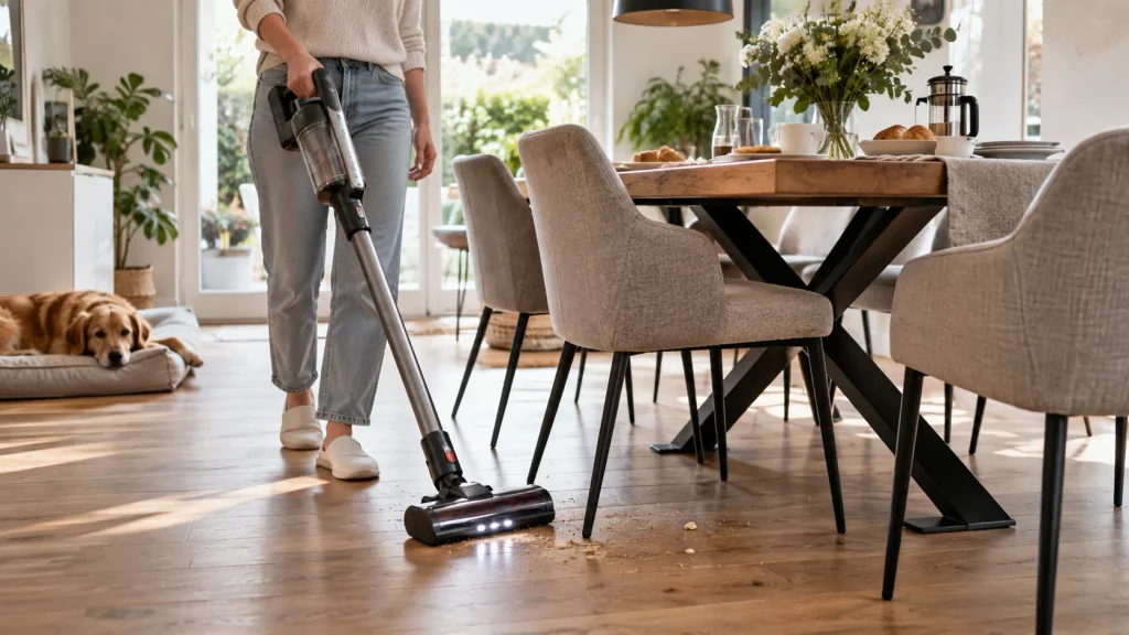 Person reinigt mit einem Akku-Staubsauger Krümel unter einem Esstisch