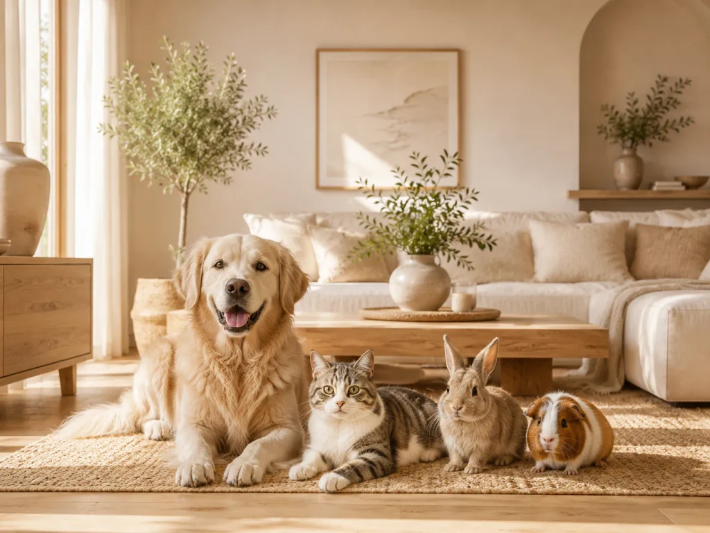 Hund, Katze, Kaninchen und Meerschweinchen gemeinsam in einem hellen Zuhause