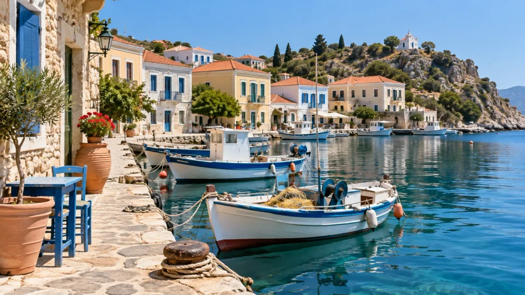 Sonniger griechischer Inselhafen mit kleinen Fischerbooten und pastellfarbenen Häusern