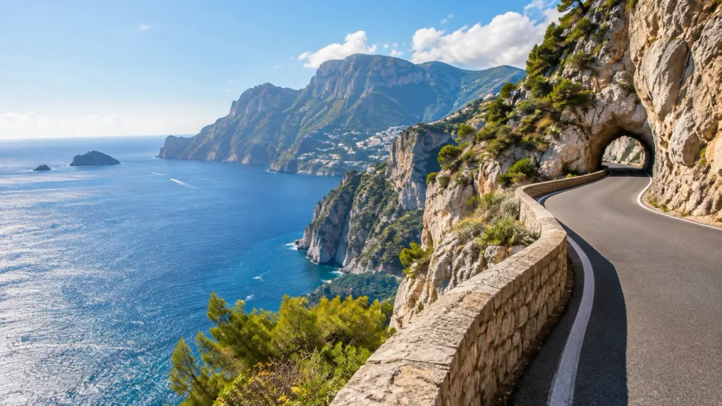 Panoramastraße entlang einer mediterranen Felsküste mit blauem Meer und Bergen