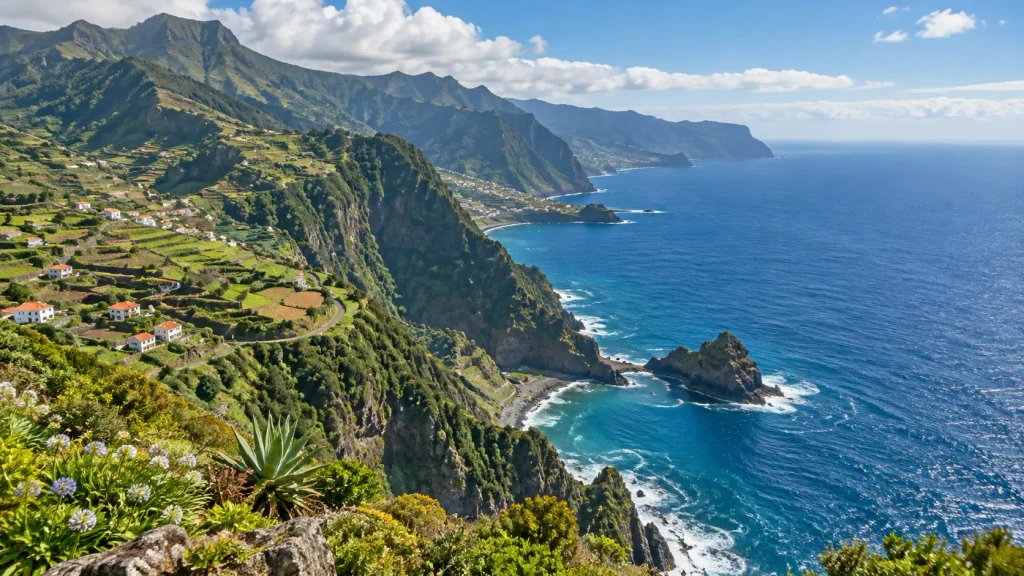 Grüne Steilküste auf Madeira mit Terrassenlandschaft, Bergen und Blick auf den Atlantik