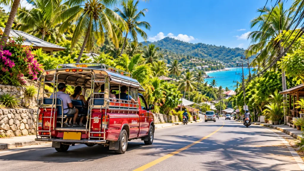 Rotes Songthaew auf einer tropischen Straße auf Koh Samui mit Palmen und Meer im Hintergrund