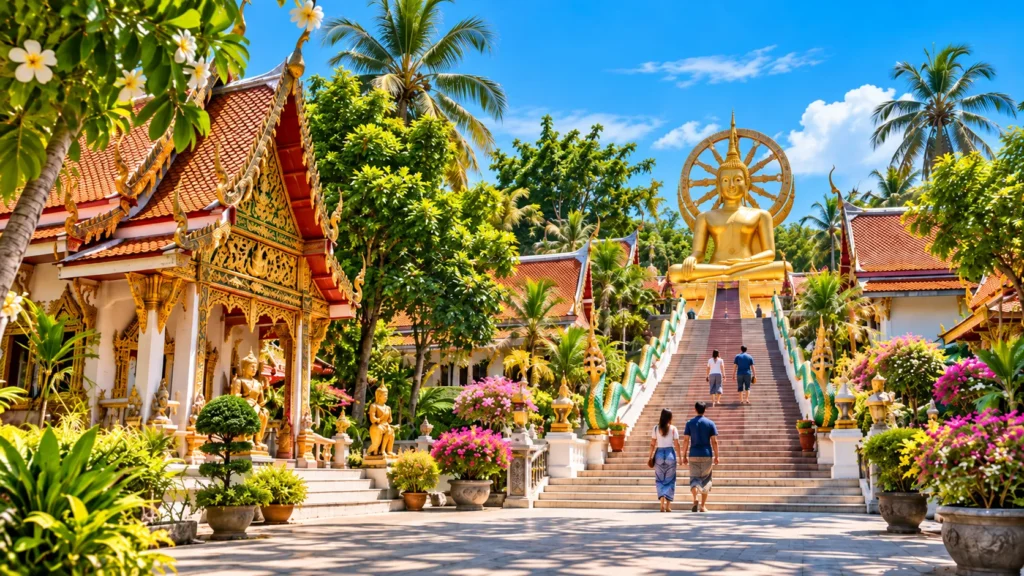 Thailändische Tempelanlage auf Koh Samui mit goldenem Buddha, Palmen und Besuchern