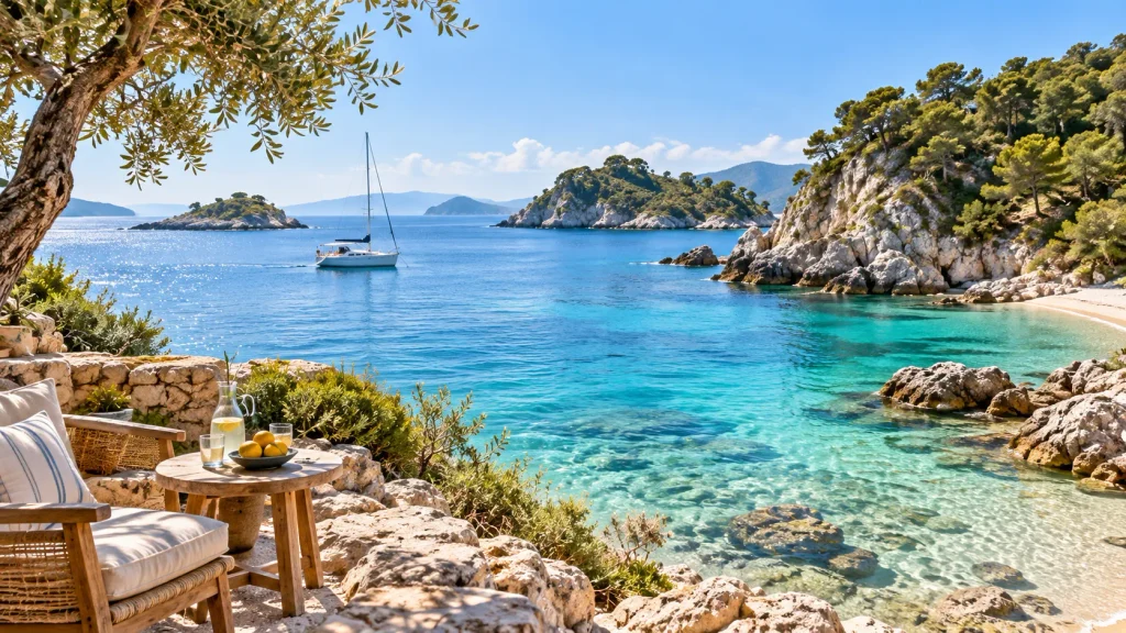 Türkisfarbene Inselbucht mit Segelboot, felsiger Küste und mediterraner Landschaft