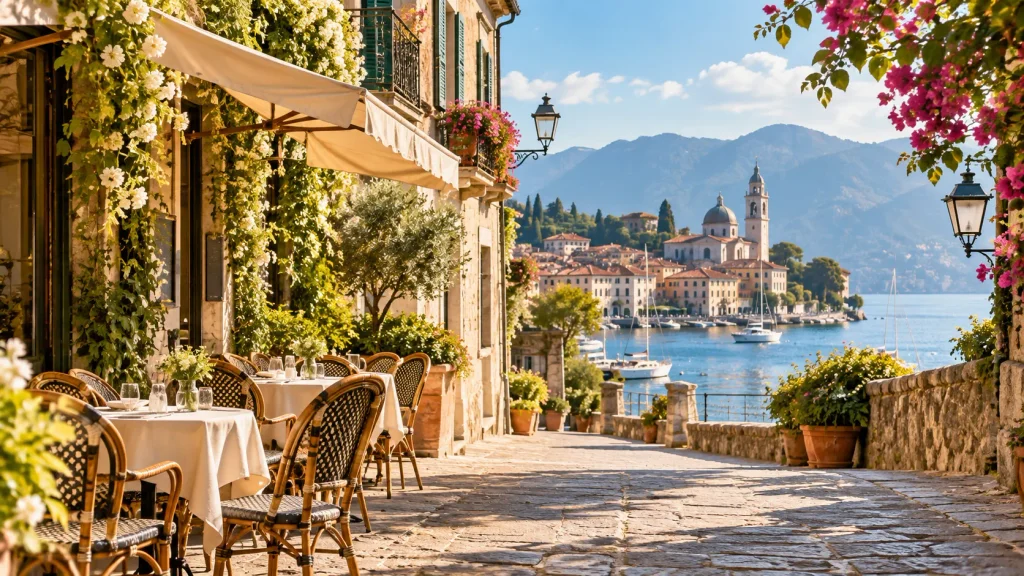 Europäische Altstadt mit Caféterrasse, historischer Architektur und Blick auf das Wasser