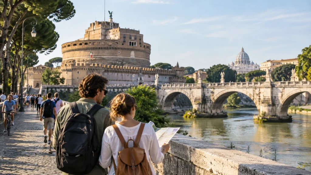 Reisendes Paar mit Stadtplan am Tiber vor der Engelsburg und der Engelsbrücke in Rom