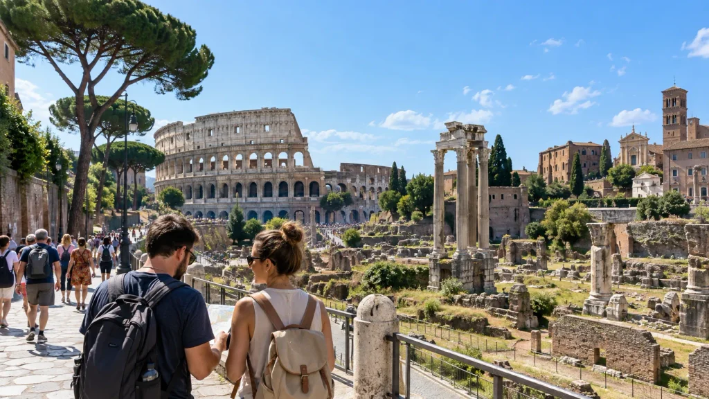 Reisendes Paar mit Stadtplan am Forum Romanum in Rom mit antiken Ruinen und Kolosseum im Hintergrund