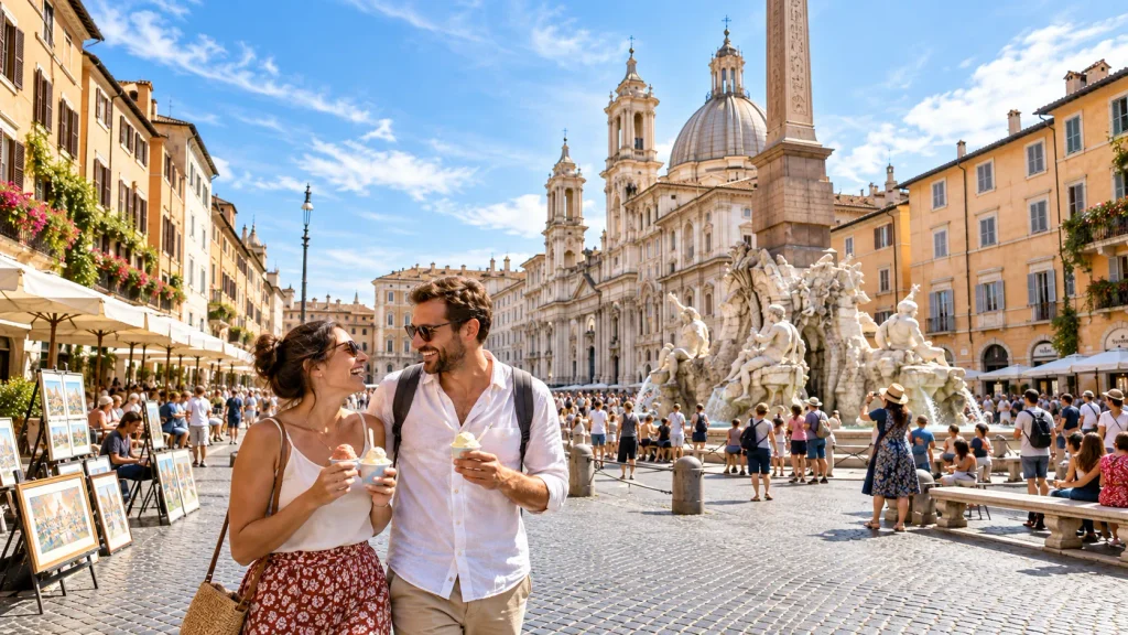 Reisendes Paar mit Gelato auf der Piazza Navona in Rom